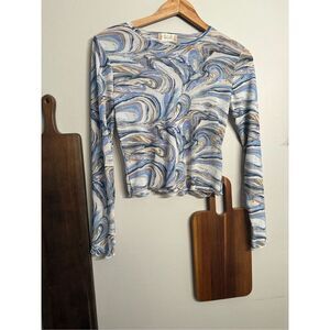 Altar'd State Blue Ivory Swirl Marbled Print Mesh Sheer Long Sleeve Crop Top XS